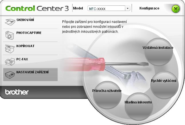 ControlCenter3 NASTAVENÍ ZAŘÍZENÍ 3 Zde můžete konfigurovat nastavení zařízení nebo zkontrolovat hladinu inkoustu.