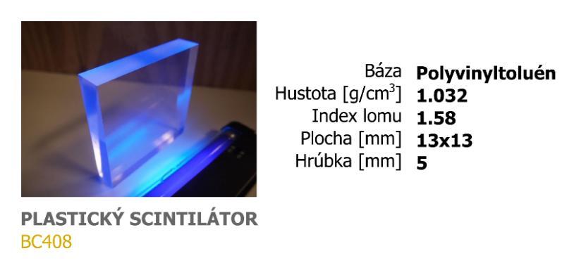 Na detekciu žiarenia sa použil plastický scintilátor BC408, ktorý bol pripojený na fotonásobiče prostredníctvom optickej