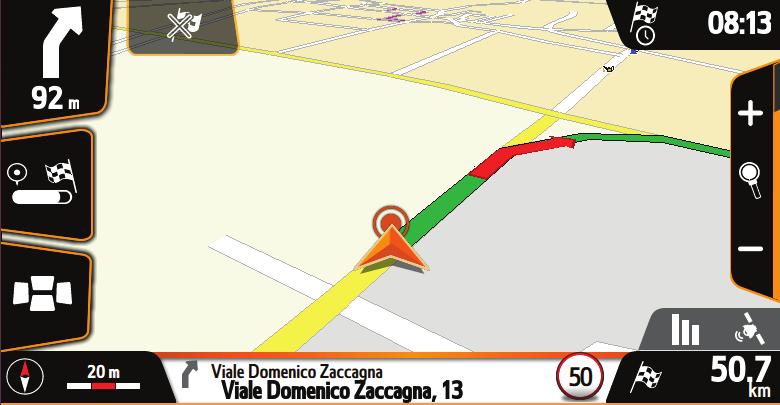 8 STAVOVÁ IKONA GPS Stlačením dátového poľa GPS Kvalita signálu GPS zobrazíte stránku GPS. 9 Odporúčaný pruh Jazdný pruh, v ktorom máte ísť, je zobrazený oranžovou farbou.