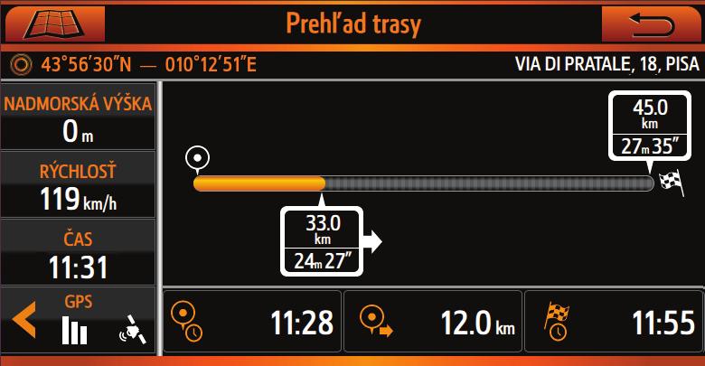 2.4 PREHĽAD TRASY Na mape ťuknutím na bod aktivujte obrazovku a potom stlačte tlačidlo Prehľad trasy. Tato stránka je dostupná aj z ponuky navigácie.