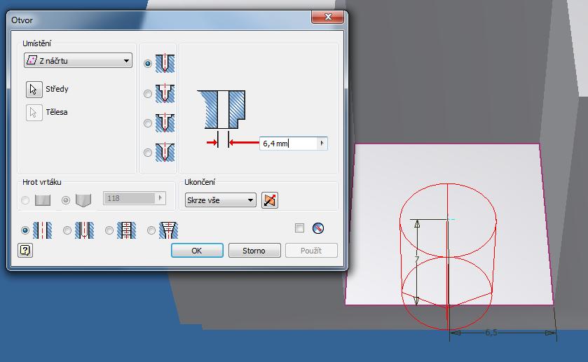 e) V dialogovém okně otvor definujeme následující parametry: umístění: typ díry: ukončení: průměr díry: Z náčrtu -