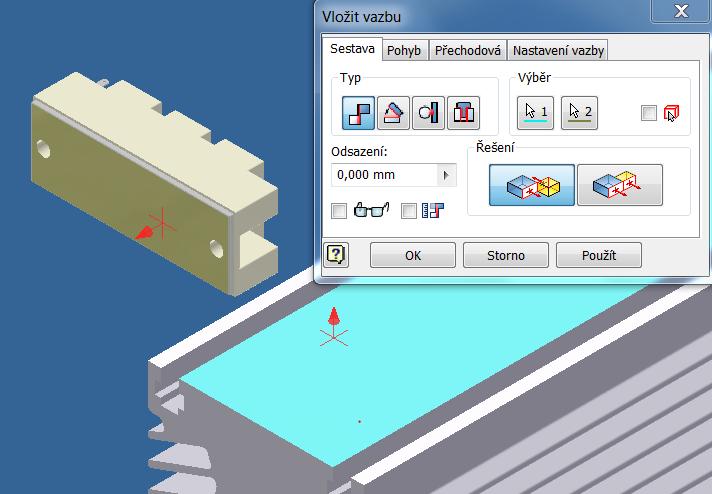 c. Vybereme vazbu proti sobě. d. Klikneme na výběr 1. roviny a označíme horní rovinu chladiče. e. Klikneme na výběr 2.