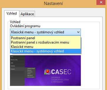 3. Ve formuláři Nastavení na kartě Vzhled v sekci Ovládání programu vyberte typ menu, které chcete