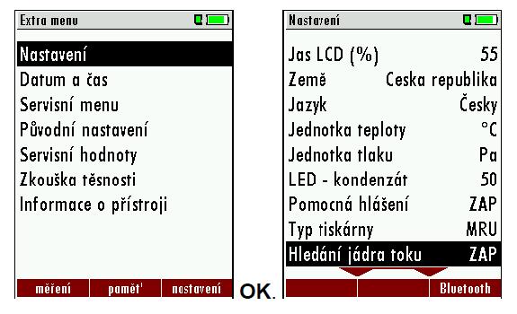 Obrázek 2 Nastavení hledání jádra toku spalin (Hintz, Erwin. Návod k obsluze, optima 7 [online]. Neckarsulm- Obereisesheim: MRU GmbH, červen 2010 [cit. 10. 7. 2014]. Dostupné z: http://www.mru.