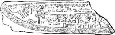 Hliněná tabulka z nálezu v Nuzí v Iráku. Představuje moře (vlevo), dvoje pohoří (nahoře a dole), dvě řeky (jedna s deltou) a čtyři města.