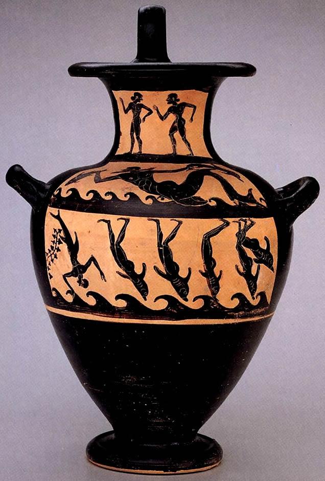 On this amphora (two-handled storage vessel), running satyrs