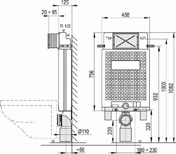 инсталляции A100 A100 A101 A102 WC M90 457 548 18,28 21,94 2000 Splachovací ventil Flush valve