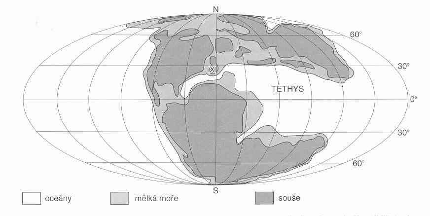 jura rozpad Pangey Tethyda se rozšiřuje na Z rozdělení Pangey (S +J část)