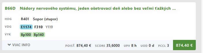 Vysvetlivky pre pravú stranu obrazovky: Pre každú alternatívu sú uvedené nasledujúce údaje: kód a názov DRG skupiny HDG (hlavná diagnóza) použitá hlavná diagnóza VDG (vedľajšie diagnózy) vedľajšie