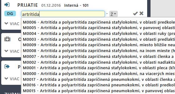 Ku každej zadanej udalosti môže užívateľ uviesť diagnózy alebo výkony pacienta.