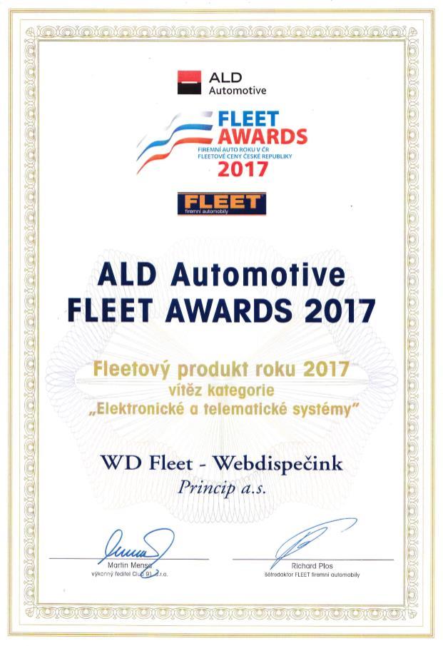 Naše aplikace WD Fleet vyhrála Fleetový produkt roku 2017 Aplikace WD Fleet získala ocenění v anketě ALD Automotive FLEET AWARDS 2017,