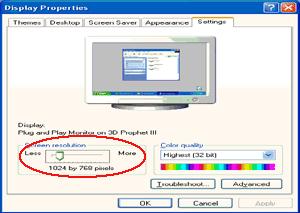 7. Nastavte POSUVNÍK rozlišení na optimální předvolené rozlišení. Windows ME/2000 Operační systém Windows ME/2000: 1. Klepněte na tlačítko START. 2. Klepněte na položku NASTAVENÍ. 3.