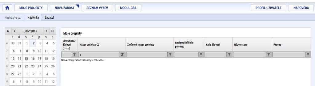 Tlačítkem Nová žádost provedete založení nového formuláře žádosti o podporu. Všechny založené žádosti o podporu se následně zobrazují v bloku Moje projekty.
