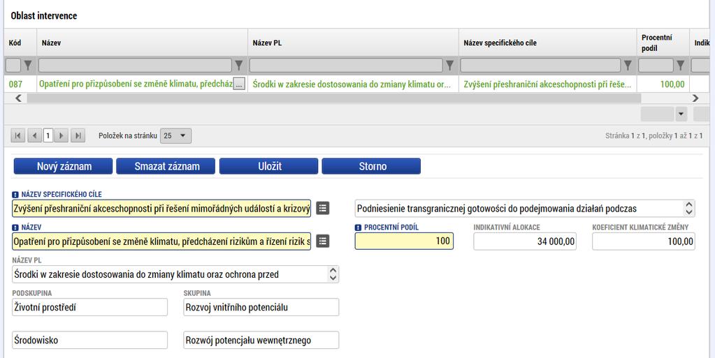 ZÁLOŽKA KATEGORIE ZÁSAHU Na této záložce je třeba pro každý tematický cíl vyplnit několik položek.
