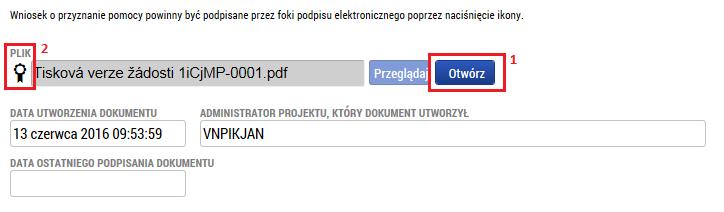 PODPIS ŽÁDOSTI Na záložce podpis žádosti si můžete zobrazit tiskovou verzi (1) tak, jak bude podepsána. Jedná se o stejný výstup, jako po stisku tlačítka tisk v horní části každé záložky.