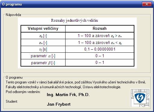 Obr. 9: Formulář O programu Uvedený formulář obahuje přehled rozahů zadávaných vtupních parametrů, které muí užvatel repektovat..3. Funkce pro modelování V levé horní čát hlavního formuláře Obr.