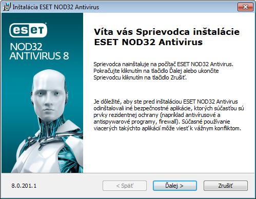 Inštalácia Keďže ESET NOD32 Antivirus obsahuje súčasti antivírusového riešenia, odporúčame vám najskôr odinštalovať všetky antivírusové programy, aby ste sa vyhli možným konfliktom.