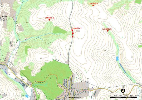 Lokality 1 4 se vyskytují s. od Halenkovic. Reliéf v s.