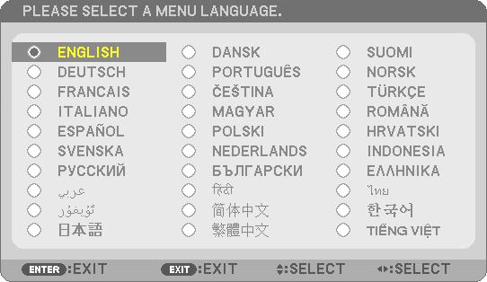 Startovací obrazovka (Nabídka volby jazyka) 2. Promítání obrazu (základní úkony) Při prvním zapnutí projektoru se objeví startovací nabídka. Zde si můžete zvolit některý z 30 jazyků nabídky.