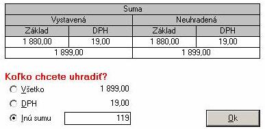 Pokladnica vyberiete Výdavok. Zvolíte Účel stĺpec peňažného denníka: Prevádzková réžia. Pomocou tlačidla F7 si vyberiete sumu z evidencie záväzkov.