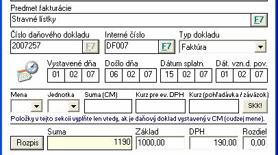 1.6. Stravné lístky obsahujúce DPH Príklad 6 Stravné lístky obsahujúce DPH Od dodávateľa ste obdržali faktúru za stravné lístky v sume 1 190 Sk (1 000 Sk základ + 190 Sk DPH).