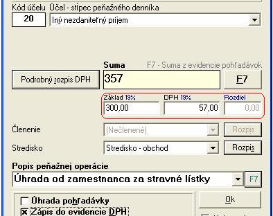 Do poľa Suma vpíšte hodnotu 357 Sk, program sumu automaticky rozpočíta na základ 300 Sk a DPH 57 Sk. V spodnej časti formulára aktivujte voľbu Zápis do evidencie DPH a potvrdte tlačidlo OK.