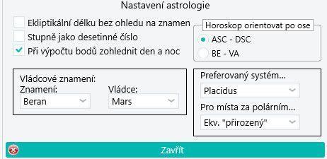 Nastavení astrologie Ekliptikální délku bez ohledu na znamení: Pokud zaškrtnete, bude poloha (délka) objektů uvedena ve stupních (od 0º do 360º) bez rozlišení znamení.