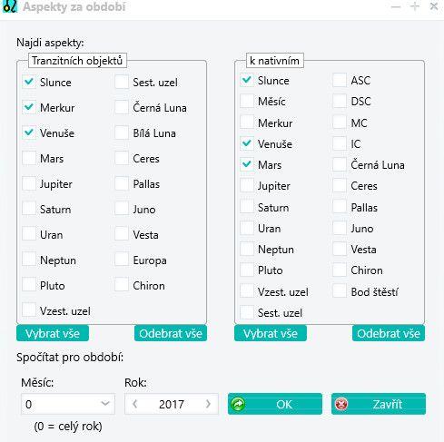 Aspekty za období Tato funkce vyhledá aspekty vybraných tranzitních objektů k vybraným objektům nativního horoskopu za zvolené období.