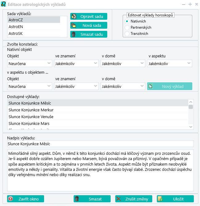 Editace astrologických výkladů Tuto funkci spustíte kliknutím na tlačítko Editace astro výkladů, které najdete na panelu vlevo od horoskopu, v části Nastavení.