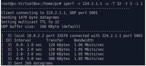 1: # iperf -s -u -B 224.2.1.1 -i 1 Nastavení klienta který bude přispívat do multicast skupiny: # iperf -c 224.