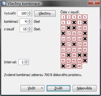 Nastavení na obrázku výše vytvoří 100 tipů. Každý tip bude mít čtyři čísla z osudí 15 čísel.