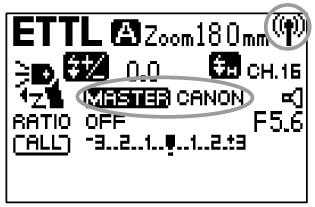 2.4G MASTER (Canon) Opakovaně stiskněte tlačítko bezdrátové volby, dokud se na displeji nezobrazí "Master Canon". Blesk lze použít v režimu ETTL / M / Multi.