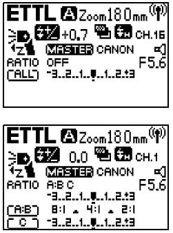 Pokud je vybráno <RATIO>, všechny Slave jednotky budou mít stejný výkon jako Master blesk (korekce expozice a bracketing).