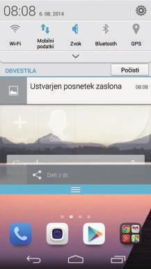 Prvi koraki Uporaba okna za obvestila Na začetnem zaslonu povlecite navzdol od vrstice stanja, da odprete okno za obvestila. 1 2 3 4 5 1 Dotaknite se za prikaz zaslona z nastavitvami.