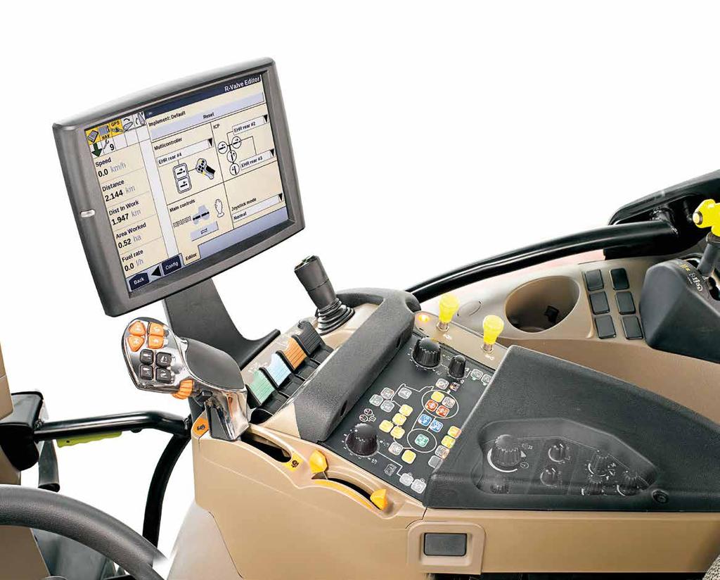 B A Výkonnostní monitor a monitor traktoru umístěný v pravém sloupku A B Dotykový displej AFS Pro 700 C Loketní opěrka Multicontroller E Ovládací panel ICP F