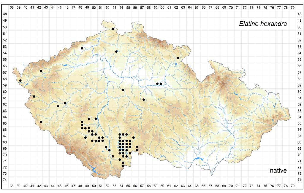 Distribution of Elatine hexandra in the Czech Republic Author of the map: Zdenek Kaplan, Jan Prančl, Kateřina Šumberová Map produced on: 18-11-2015 Database records used for producing the