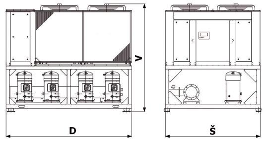 QC SPIRO kompresory - scroll počet chladiacich okruhov - 2 alebo 4 regulácia u - 2 alebo 4 stupňová riadiaca jednotka - Carel Microchiller 3 alebo pco3 QC 210 214,0 61,8 216/215 64 4 x Ø 800