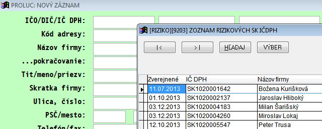 Nová adresa - kontrola na IČ DPH - výber z databázy Počas zápisu novej firmy do adresára program automaticky kontroluje: správnosť zapísaného IČ DPH podľa databázy daňových subjektov (zdroj drsr.sk).