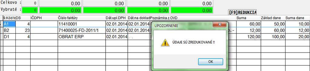 Pred vytvorením XML súboru je nutné spraviť redukciu dokladov cez tlačidlo F9 REDUKCIA.