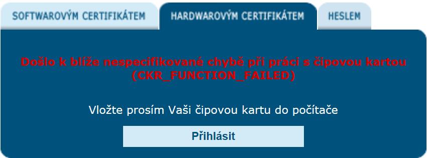 3.3. Chyba: CKR_FUNCTION_FAILED Tato chybová hláška se může zobrazit v případě, že HW klíčenka není připojeno do počítače, nebo není ovladač zařízení správně nainstalovaný.