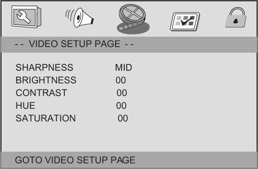Sharpness, Brightness, Contrast, Hue, Saturation: setting the video quality Video inverse:inverse video display on/off SETUP Menu