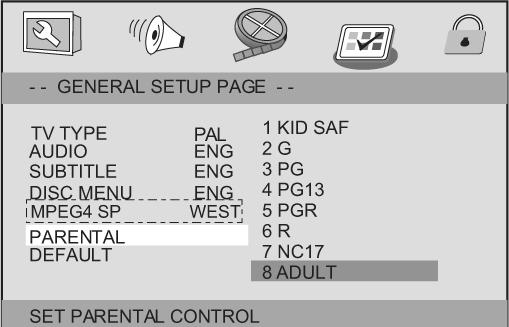 subtitle Parental Some DVDs may have a parental level assigned to the complete disc or to certain scenes on the disc This feature lets you set a playback limitation level The rating levels are from 1