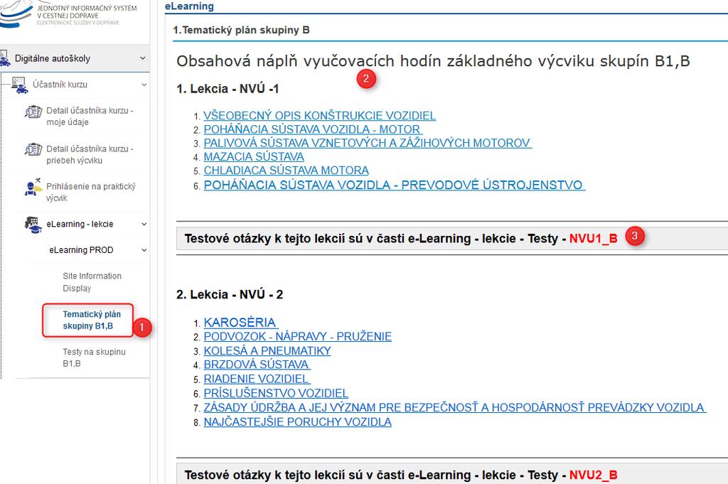 V ľavej časti si pre štúdium materiálov vyberte položku s názvom Tematický plán skupiny B1,B (1) Zobrazia sa Vám učebné materiály (2), ktoré sú tematicky spojené s vyučovacími hodinami, ktoré ste