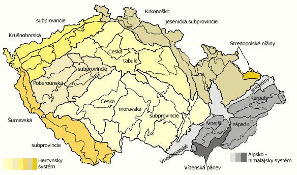 1. Česká vysočina tvořená prekamrickými a paleozoickými horninami hercynského geotektonického vývoje Českého masivu. 2.