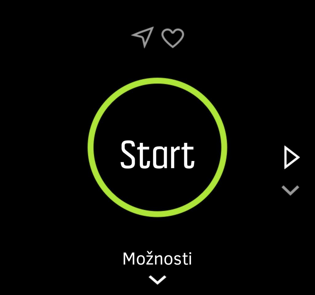 Postup záznamu cvičení: 1. Nasaďte si hrudní pás se snímačem tepové frekvence (volitelný doplněk). 2. Tažením prstem dolů nebo stisknutím horního tlačítka otevřete spouštěč. 3.