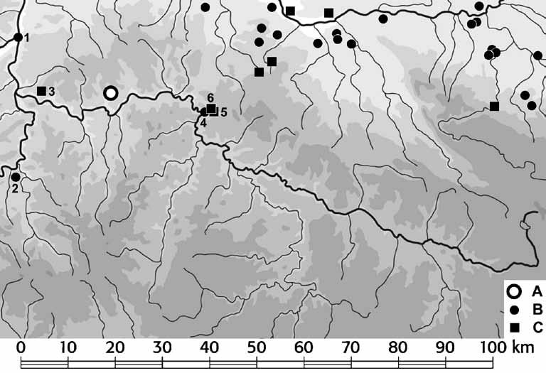 Obr. 6. Mapa Posázaví a části levobřežního Polabí s depoty z mladší a pozdní doby bronzové. A Pyšely; B mladší doba bronzová (Br D Ha A2/B1); C pozdní doba bronzová (Ha B2-3).