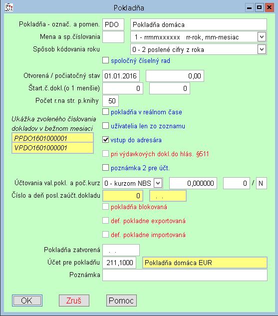 Definovanie pokladne Do definovania pokladne sme doplnili moţnosť priradiť analytickú účet 211 pre zaúčtovanie dokladov.