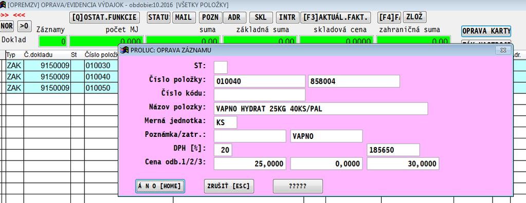 Modul PROLEM Sklad Oprava údajov na karte priamo zo zoznamu dokladov.