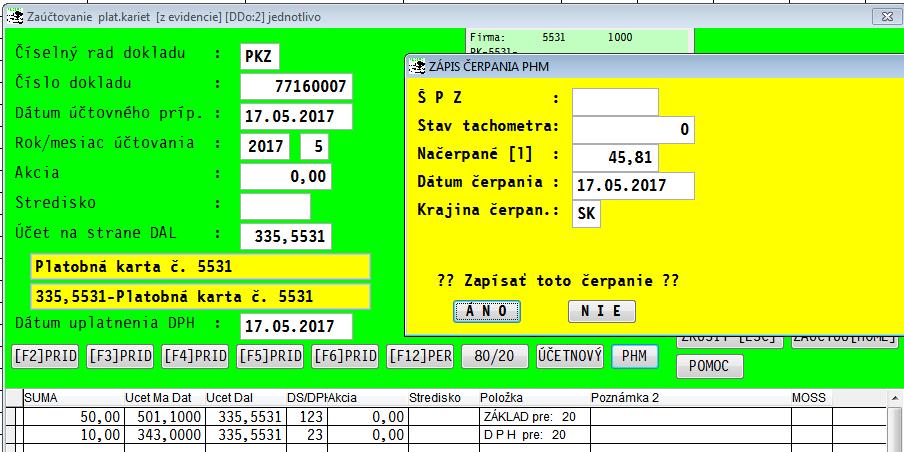 Zápis PHM v zaúčtovaní pre v agendy platobné karty, dod.
