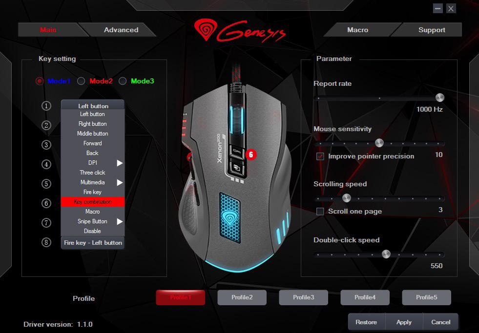 GESIS XON 200 USER MANUAL FEATURES Precise optical sensor (AVAGO 5050) with 3000 DPI resolution, Gaming software with profile/macro editor, 8 programmable buttons, Adjustable illumination modes,